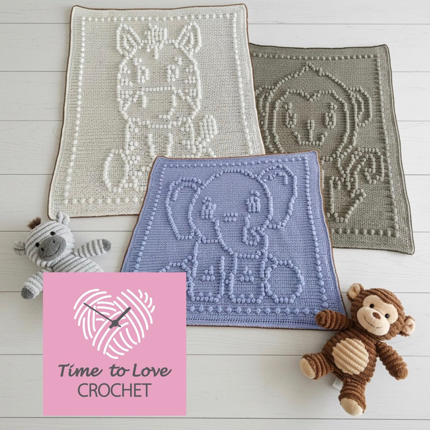 Zebra, Monkey and Elephant Bobble Blanket Pattern Bundle - Time to Love Crochet