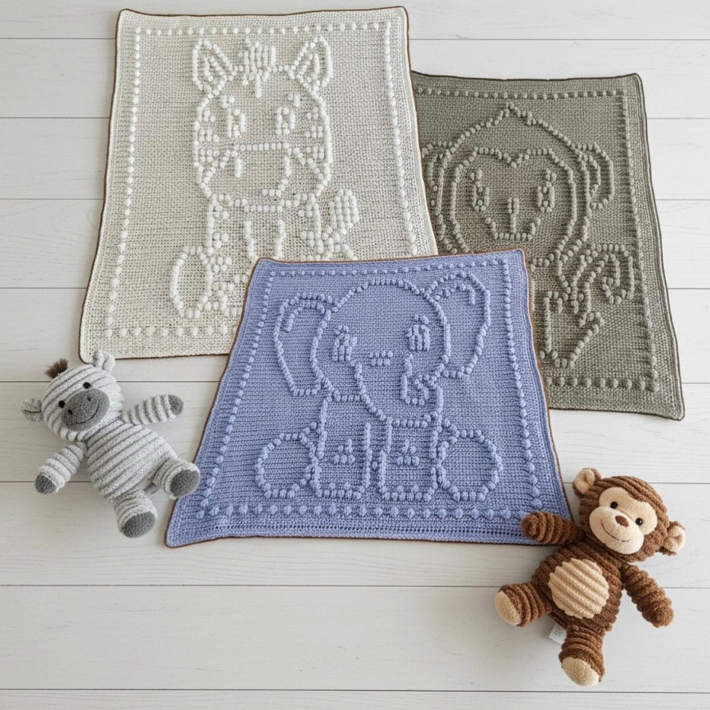 Zebra, Monkey and Elephant Bobble Blanket Pattern Bundle - Time to Love Crochet